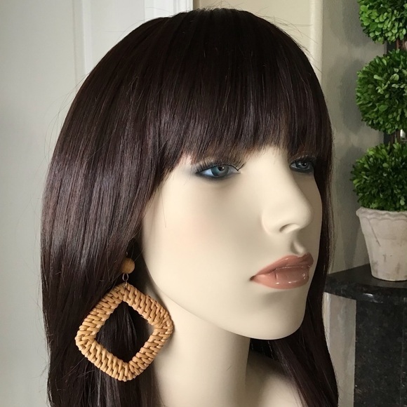 NEW Forever 21 Woven Rattan Earrings Wood Bead Light Triangle Dangle French Wire - Picture 8 of 14